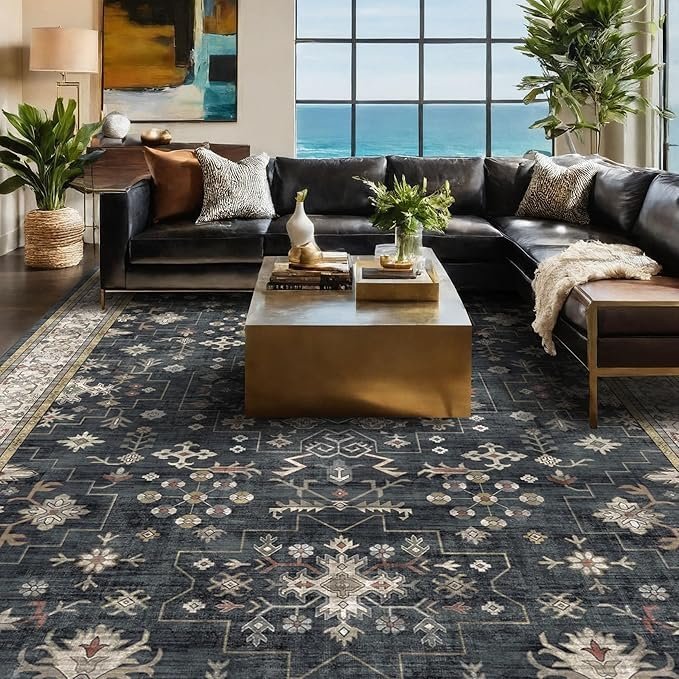 black farmhouse washable 8x10 area rugs for living room, bedroom, dining room kitchen table rug for under table, office, dark charcoal tumble stain resistant non slip large washable (8x10 black/multi)