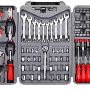 cartman 205 piece ratchet wrench tool set 1/4" & 3/8" & 1/2" drive with sae/metric sockets kit in plastic toolbox