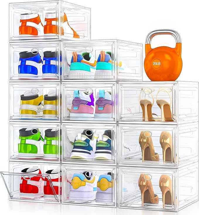 12 pack clear shoe storage organizer with magnetic door,stackable plastic shoe boxes for sneakers,boots,and heels,space saving foldable shoe rack for closet,durable shoe cabinet organizer,white 12 pack clear shoe storage organizer with magnetic door,stackable plastic shoe boxes for sneakers,boots,and heels,space saving foldable shoe rack for closet,durable shoe cabinet organizer,white