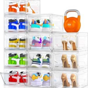 12 pack clear shoe storage organizer with magnetic door,stackable plastic shoe boxes for sneakers,boots,and heels,space saving foldable shoe rack for closet,durable shoe cabinet organizer,white