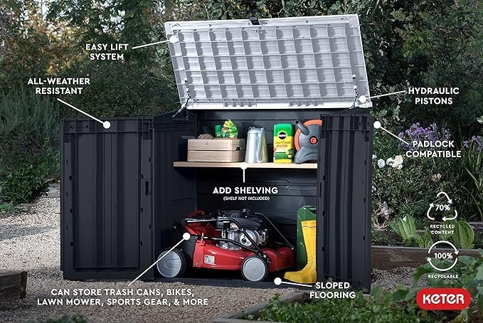 keter store it out prime 4.3 x 3.7 ft. outdoor resin storage shed with easy lift hinges, perfect for yard tools, pool floats and garden accessories, black keter store it out prime 4.3 x 3.7 ft. outdoor resin storage shed with easy lift hinges, perfect for yard tools, pool floats and garden accessories, black