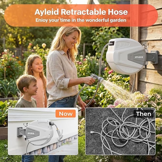 ayleid retractable garden hose reel,1/2 in x 100 ft wall mounted hose reel, with 9 function sprayer nozzle, any length lock/slow return system/wall mounted/180°swivel bracket (gray) ayleid retractable garden hose reel,1/2 in x 100 ft wall mounted hose reel, with 9 function sprayer nozzle, any length lock/slow return system/wall mounted/180°swivel bracket (gray)