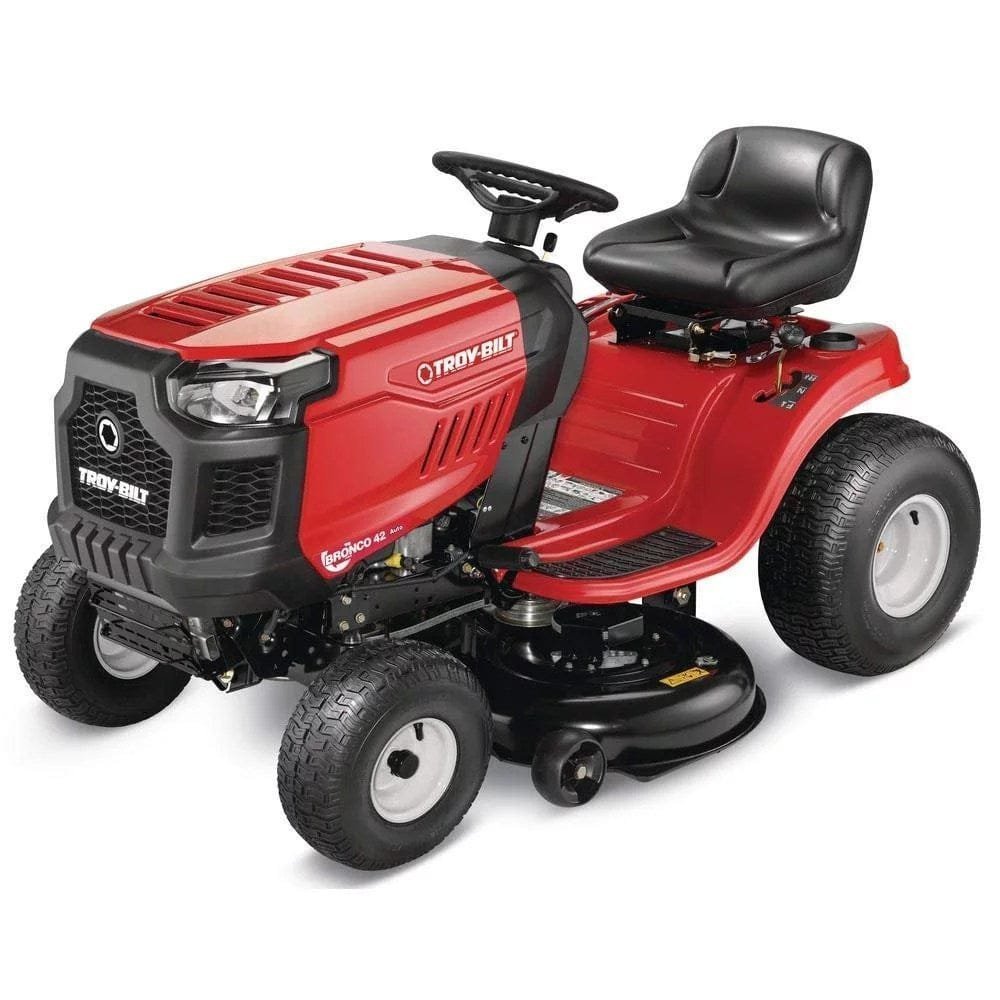 troy bilt bronco 42 in 19 hp briggs & stratton automatic drive gas riding lawn tractor with mow in reverse