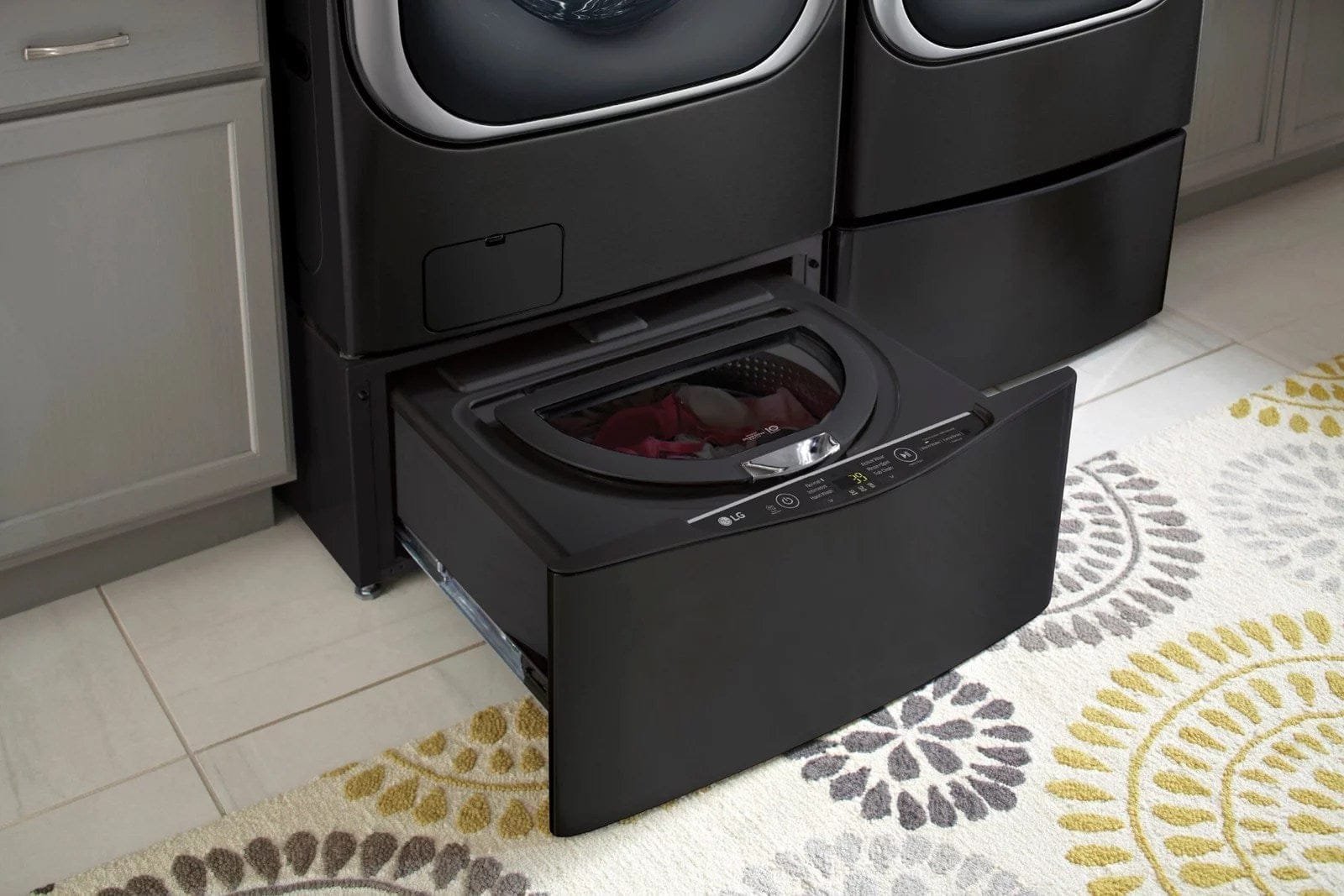 lg – sidekick 1.0 cu. ft. high efficiency smart top load pedestal washer with 3 motion technology – black steel lg – sidekick 1.0 cu. ft. high efficiency smart top load pedestal washer with 3 motion technology – black steel