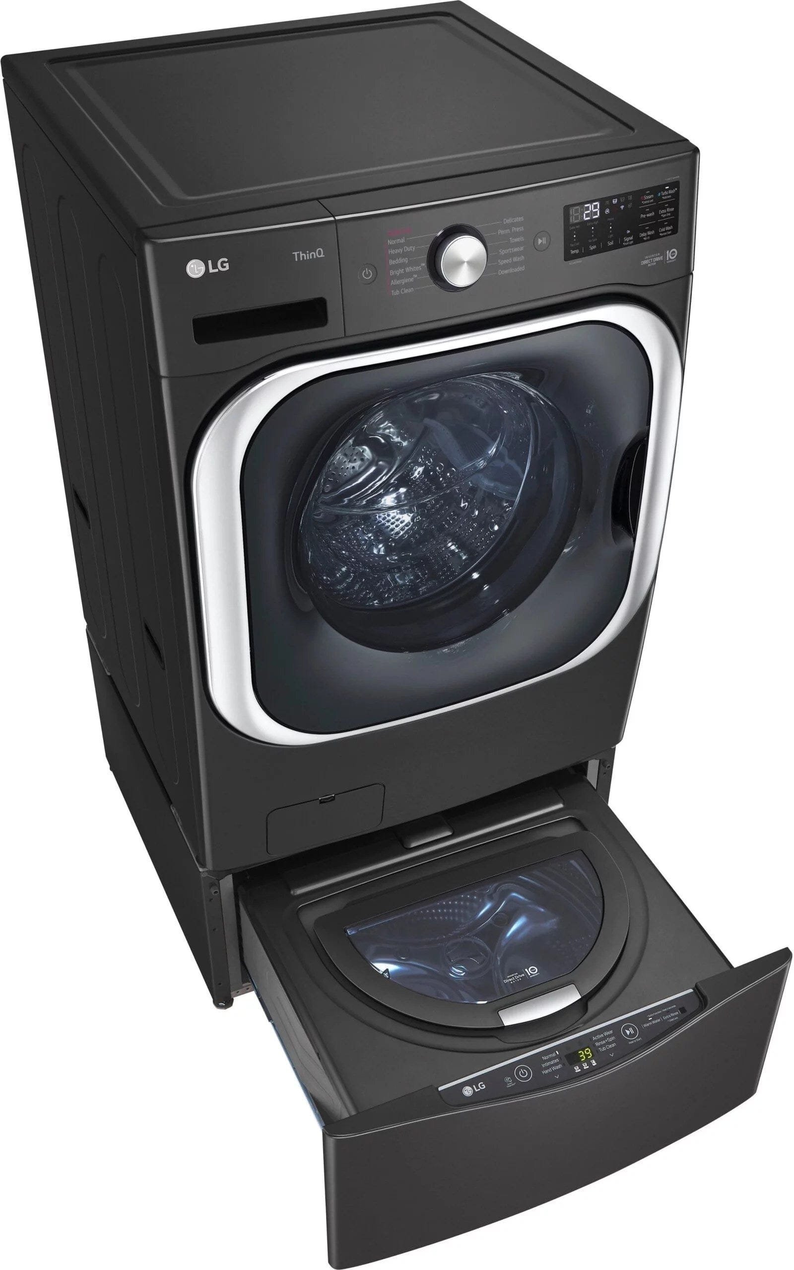 lg – sidekick 1.0 cu. ft. high efficiency smart top load pedestal washer with 3 motion technology – black steel lg – sidekick 1.0 cu. ft. high efficiency smart top load pedestal washer with 3 motion technology – black steel