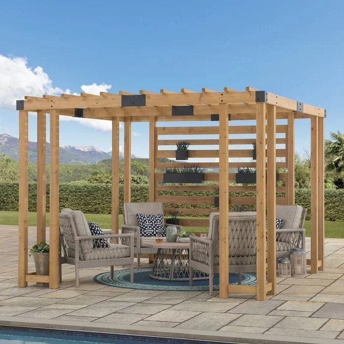 summercove 10.5 ft. x 10 ft. cedar wood pergola with adjustable hanging planters